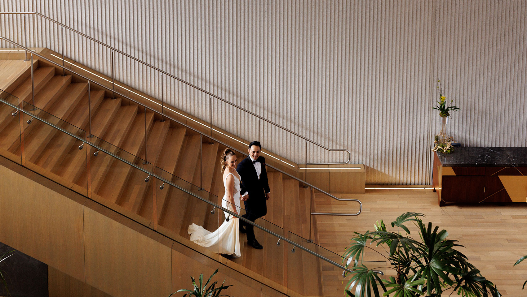 wedding bridal couple on staircase