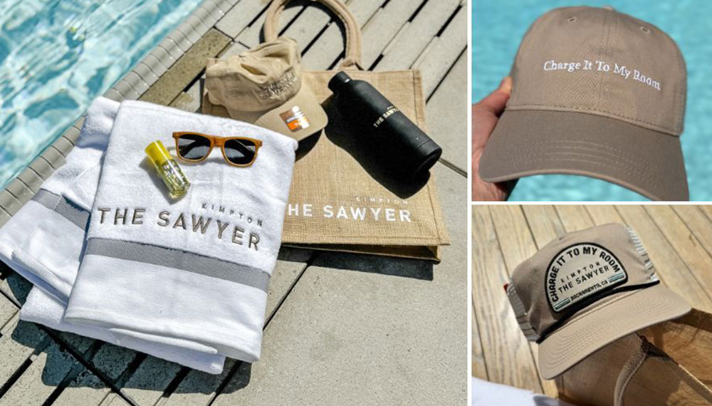 poolside essentials including towel, hats, and sunglasses