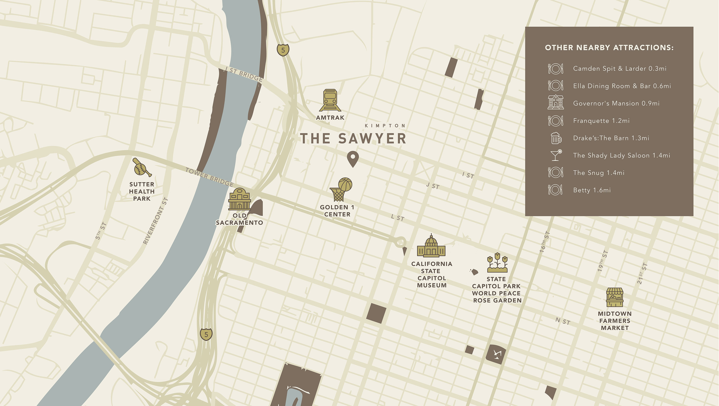 Map of Sawyer hotel and nearby attractions